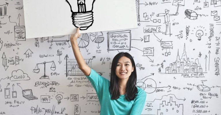 Ideas - Woman Draw a Light bulb in White Board