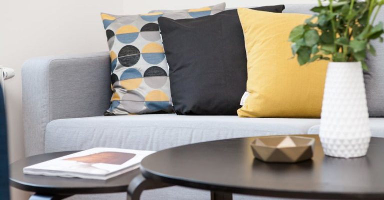 Home - Centerpiece on Coffee Table Beside Sofa With Three Pillows